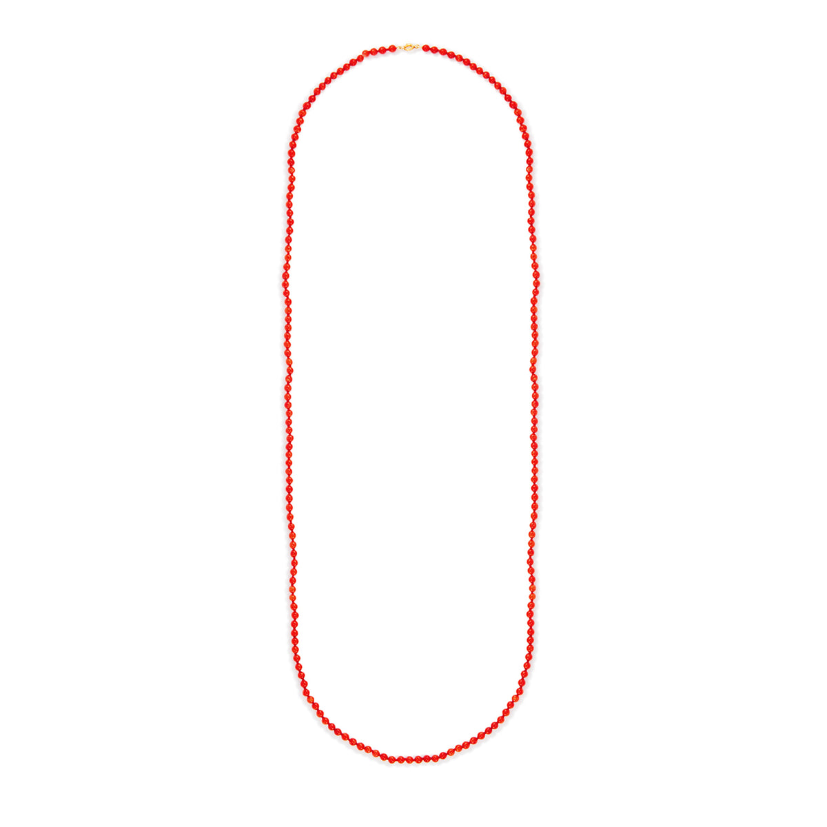 Classic long vibrant red Mediterranean coral necklace with a 9ct gold bolt ring clasp. The necklace can be draped around the neck twice.