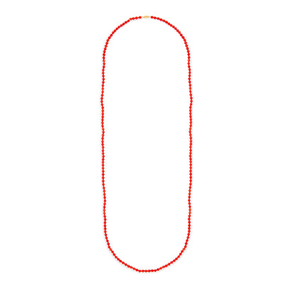 Classic long vibrant red Mediterranean coral necklace with a 9ct gold bolt ring clasp. The necklace can be draped around the neck twice.