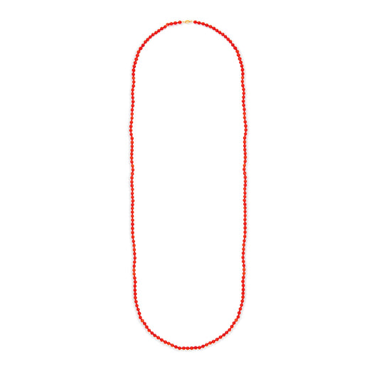 Classic long vibrant red Mediterranean coral necklace with a 9ct gold bolt ring clasp. The necklace can be draped around the neck twice.