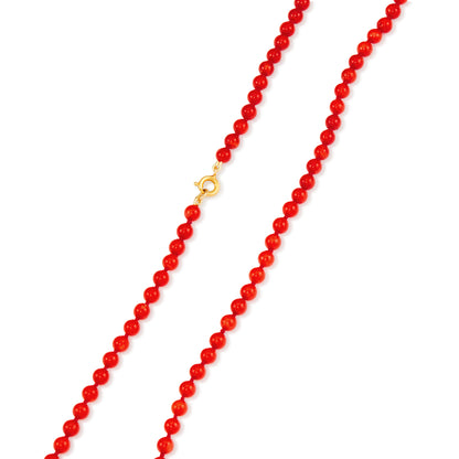 Classic long vibrant red Mediterranean coral necklace with a 9ct gold bolt ring clasp. The necklace can be draped around the neck twice.