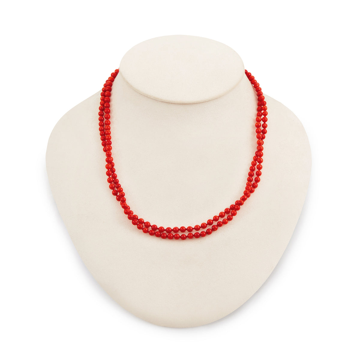 Classic long vibrant red Mediterranean coral necklace with a 9ct gold bolt ring clasp. The necklace can be draped around the neck twice.