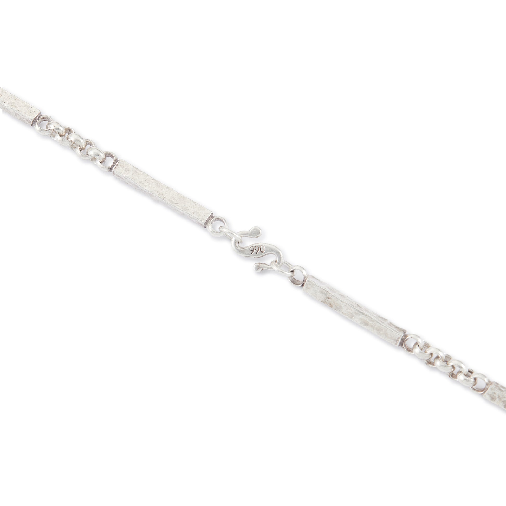 Stylish handmade Modernist sterling silver chain with long rectangular textured links, interspersed with belcher link chain.