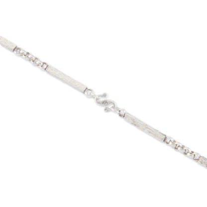 Stylish handmade Modernist sterling silver chain with long rectangular textured links, interspersed with belcher link chain.