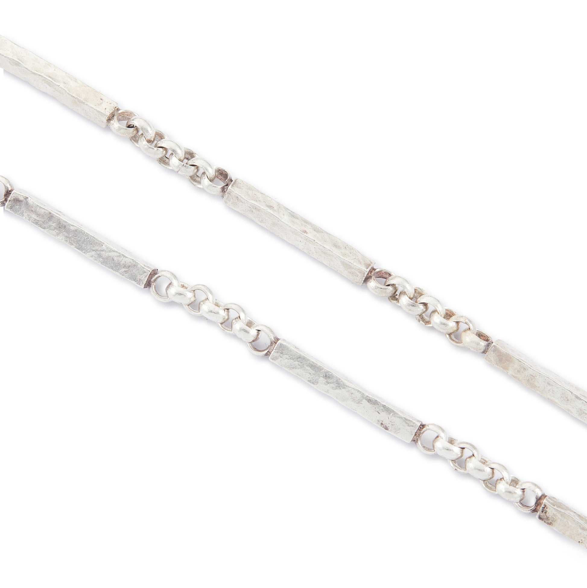 Stylish handmade Modernist sterling silver chain with long rectangular textured links, interspersed with belcher link chain.