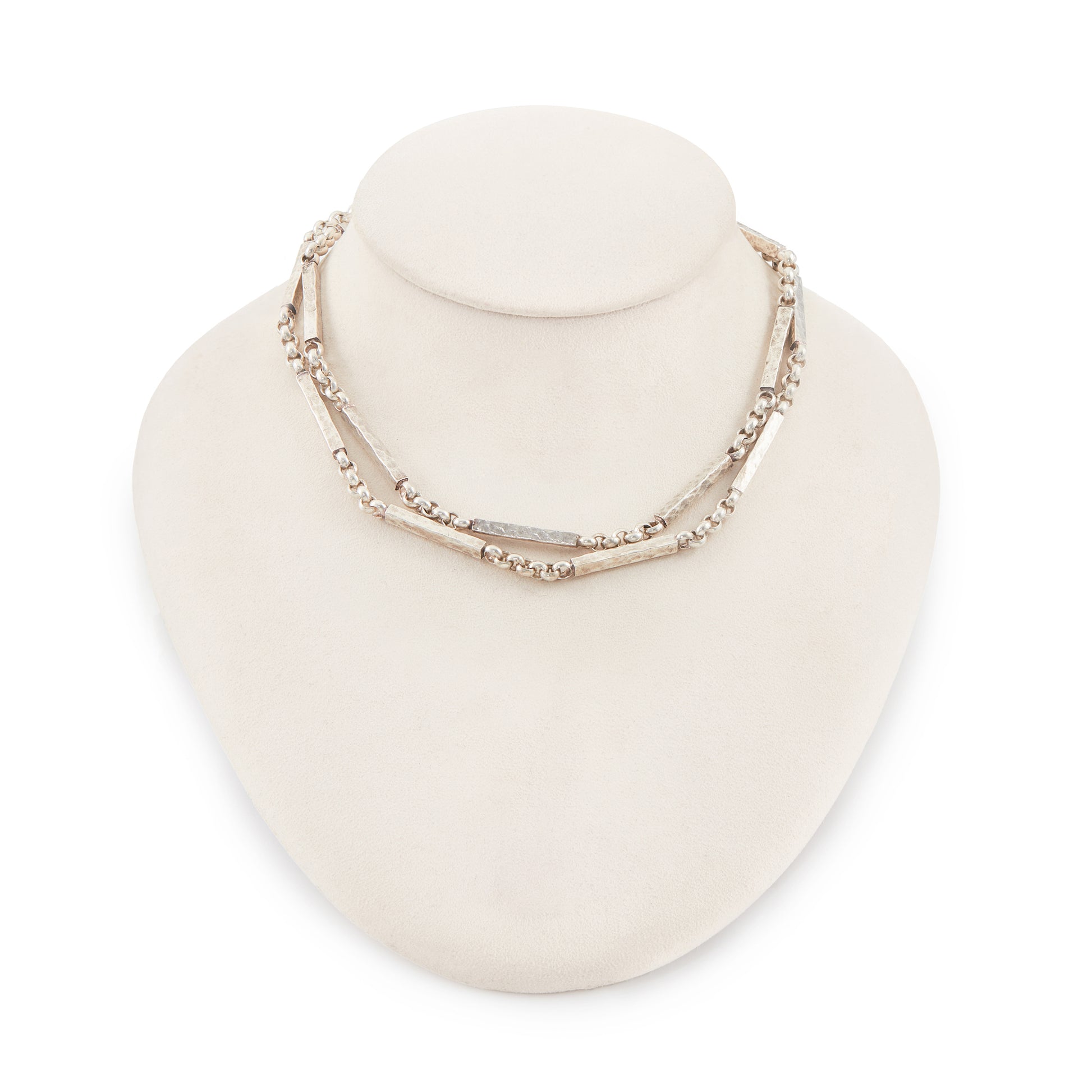 Stylish handmade Modernist sterling silver chain with long rectangular textured links, interspersed with belcher link chain.