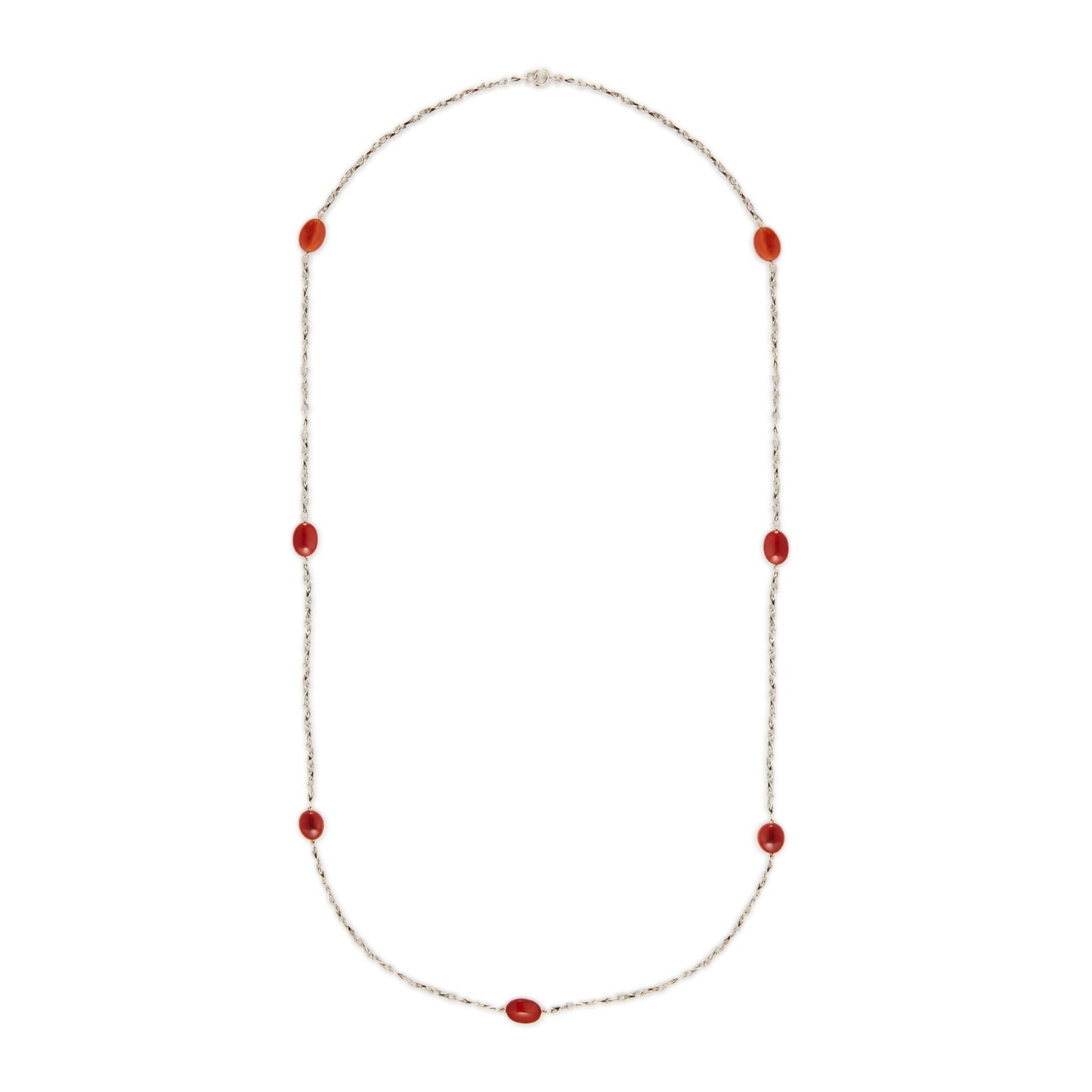Elegant sterling silver fancy link chain interspersed with seven carnelian stones. Long enough to drape around the neck twice.