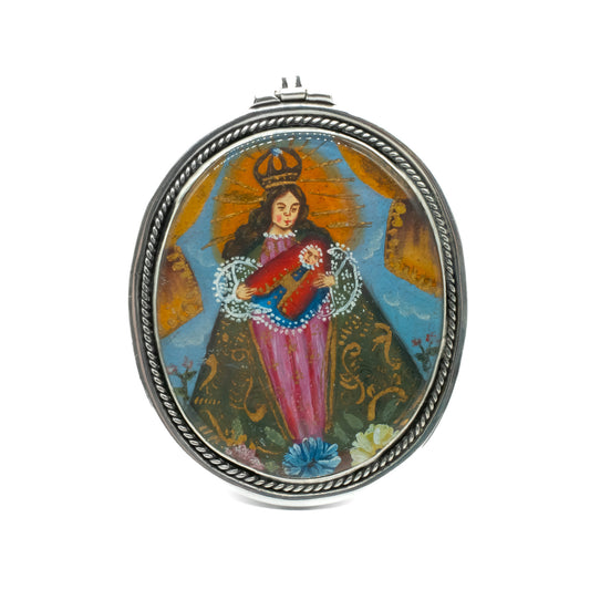 Stunning silver Mexican Madonna pendant hand-painted in beautiful vibrant colours.