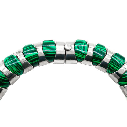 Magnificent Mexican sterling silver articulated choker with twenty five polished malachite disks.