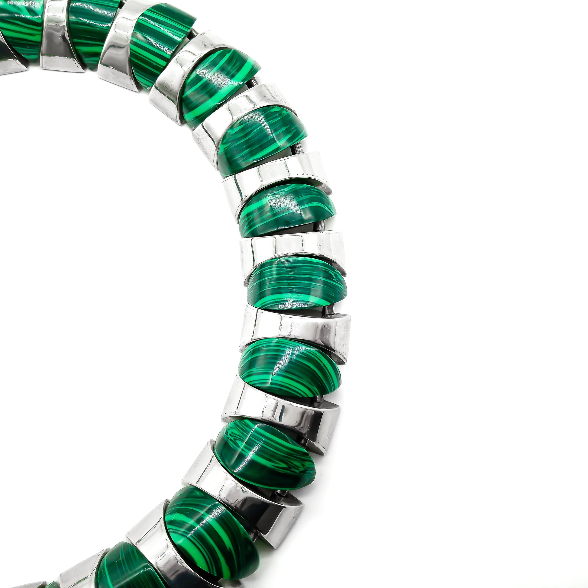 Magnificent Mexican sterling silver articulated choker with twenty five polished malachite disks.