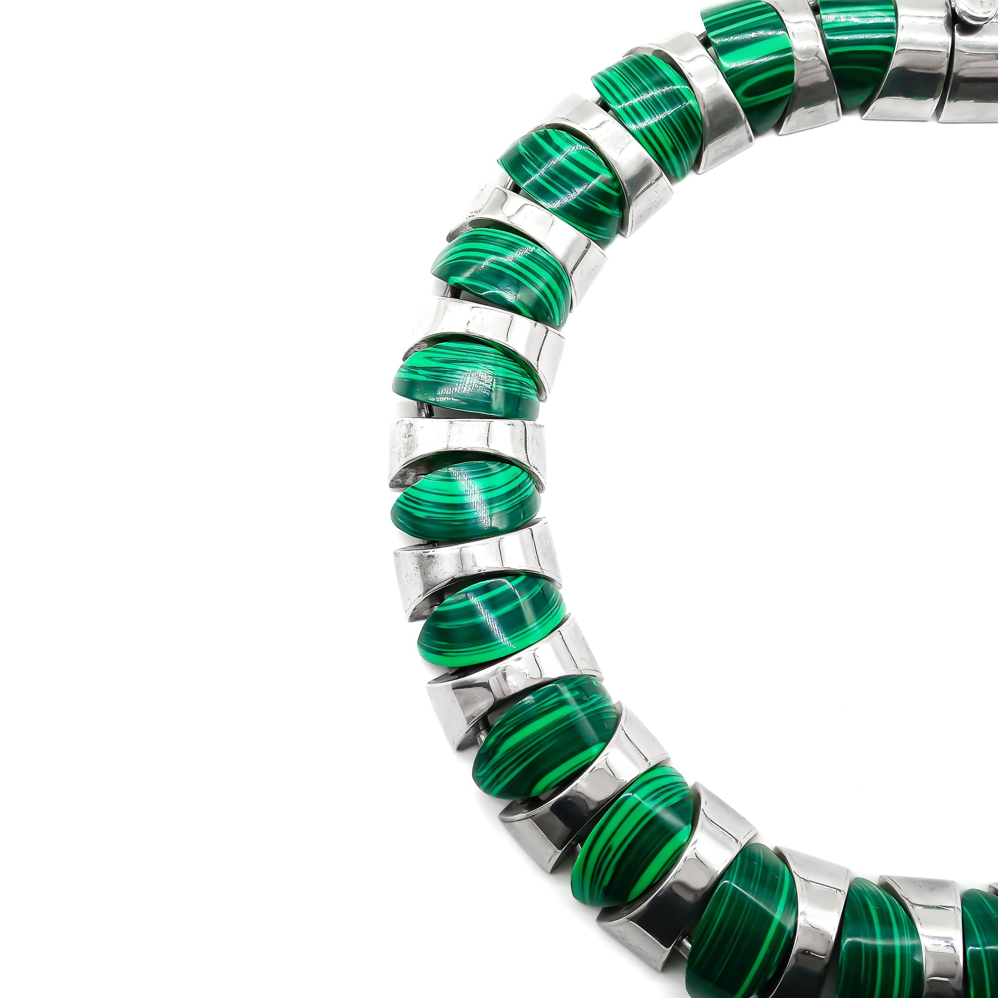 Magnificent Mexican sterling silver articulated choker with twenty five polished malachite disks.