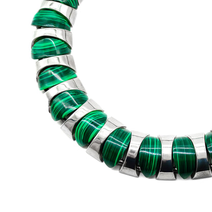 Magnificent Mexican sterling silver articulated choker with twenty five polished malachite disks.