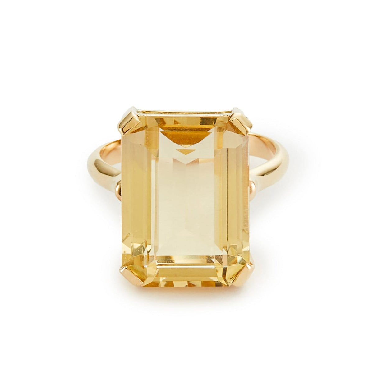Stylish 9ct gold Mid-Century ring set with a beautifully faceted, emerald-cut citrine in a four claw setting.