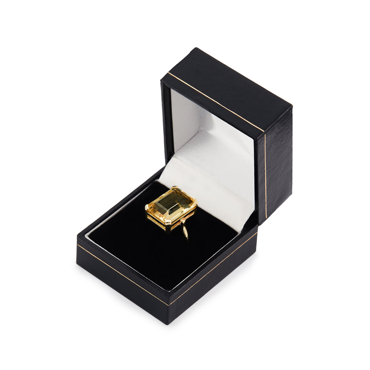 Stylish 9ct gold Mid-Century ring set with a beautifully faceted, emerald-cut citrine in a four claw setting.