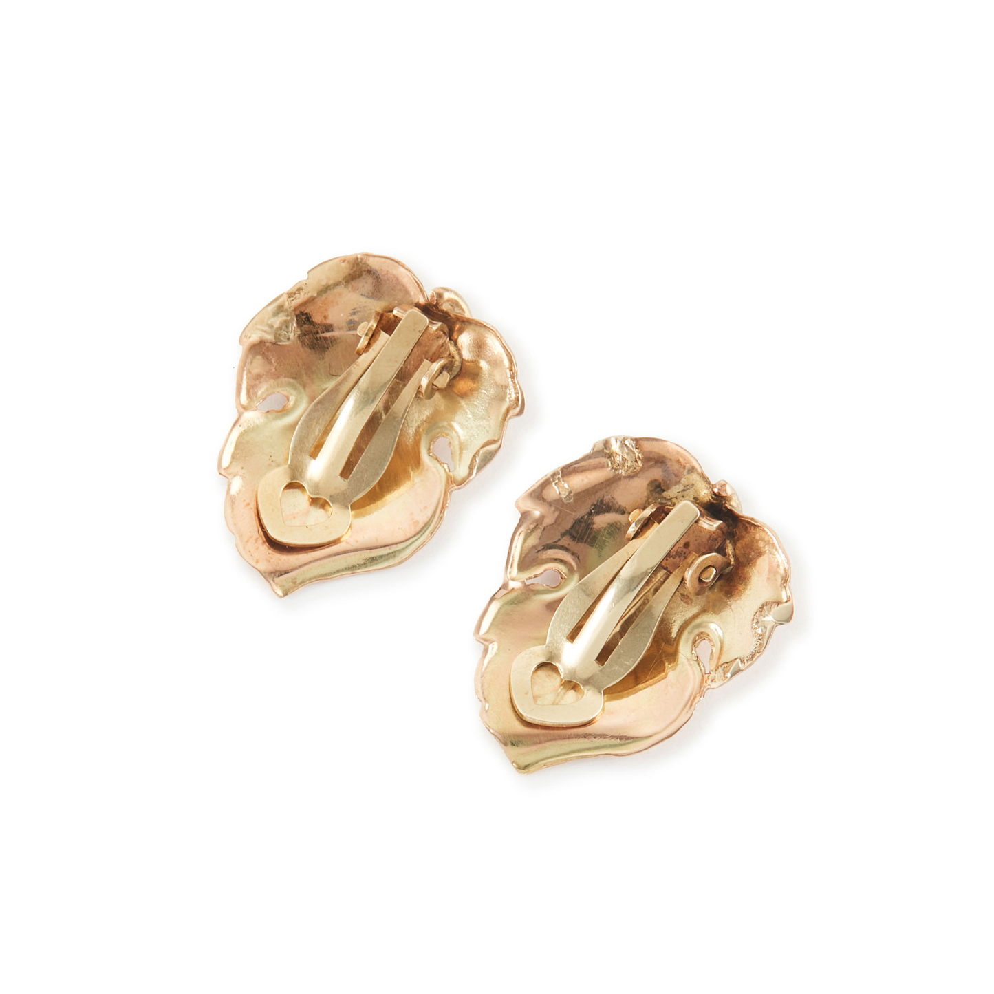 Sought-after and beautifully crafted mid-century 9ct rose gold Candida clip-on earrings in a leaf design. Unmarked. 