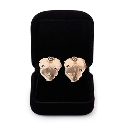 Sought-after and beautifully crafted mid-century 9ct rose gold Candida clip-on earrings in a leaf design. Unmarked.