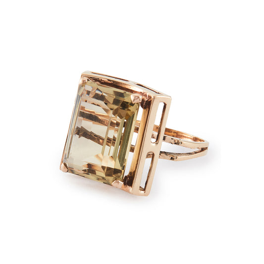 Classic mid-century 9ct rose gold ring set with a beautifully faceted, princess-cut golden yellow citrine.
