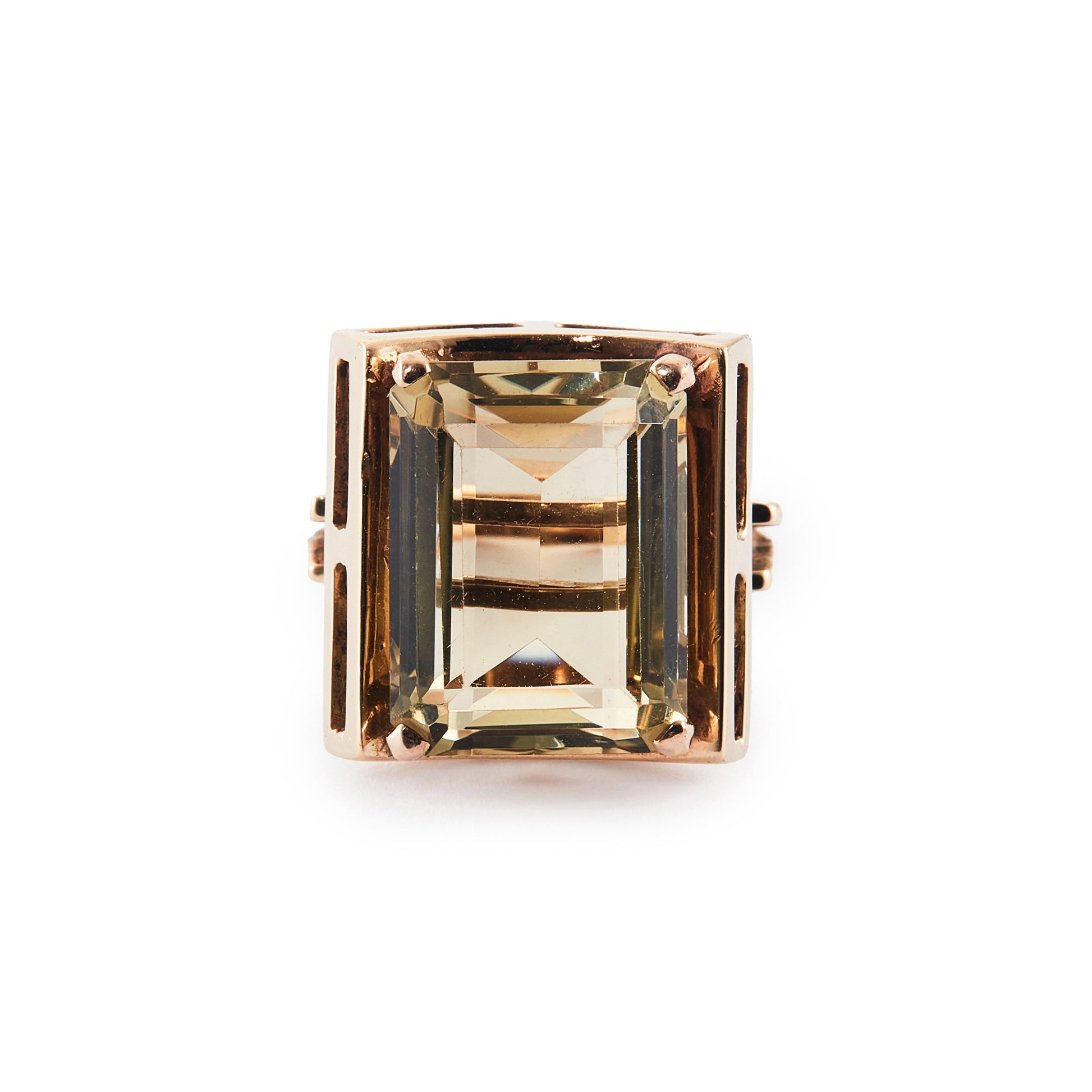 Classic mid-century 9ct rose gold ring set with a beautifully faceted, princess-cut golden yellow citrine.
