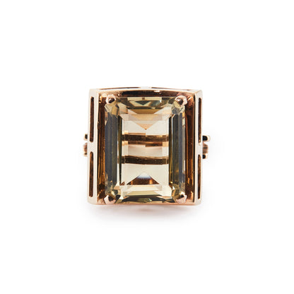 Classic mid-century 9ct rose gold ring set with a beautifully faceted, princess-cut golden yellow citrine.