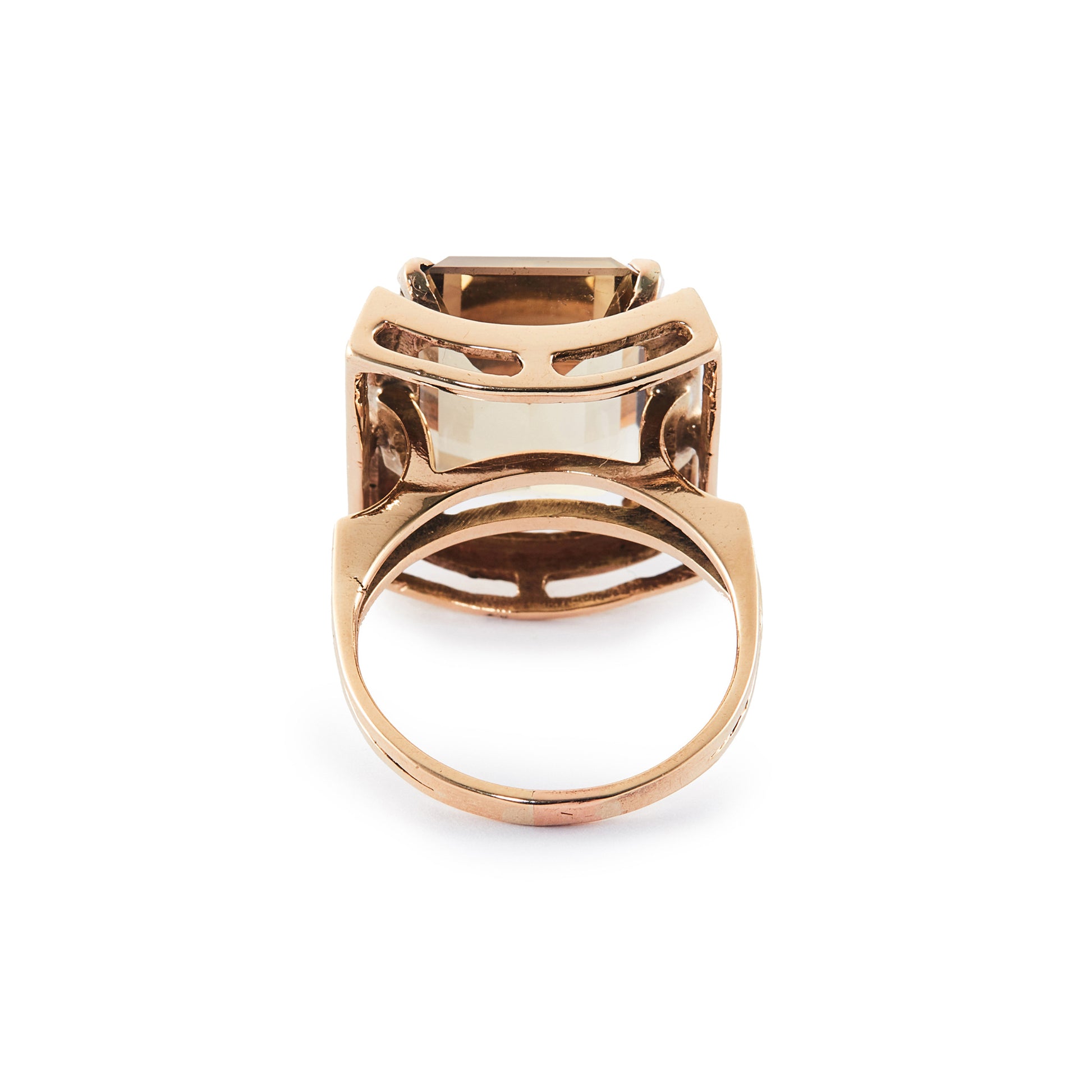 Classic mid-century 9ct rose gold ring set with a beautifully faceted, princess-cut golden yellow citrine.
