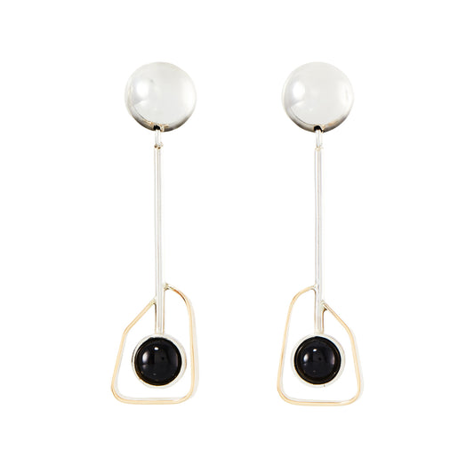 Stylish handmade mid-century modernist designer rose gold and sterling silver earrings, each set with an onyx cabochon stone.