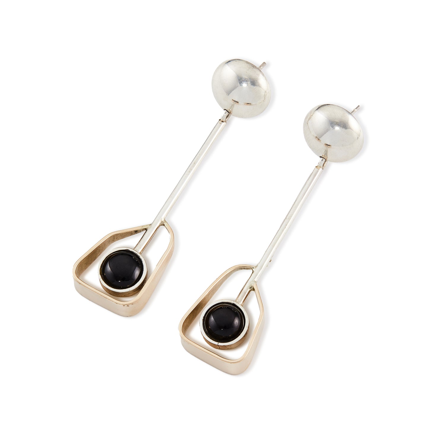 Stylish handmade mid-century modernist designer rose gold and sterling silver earrings, each set with an onyx cabochon stone.