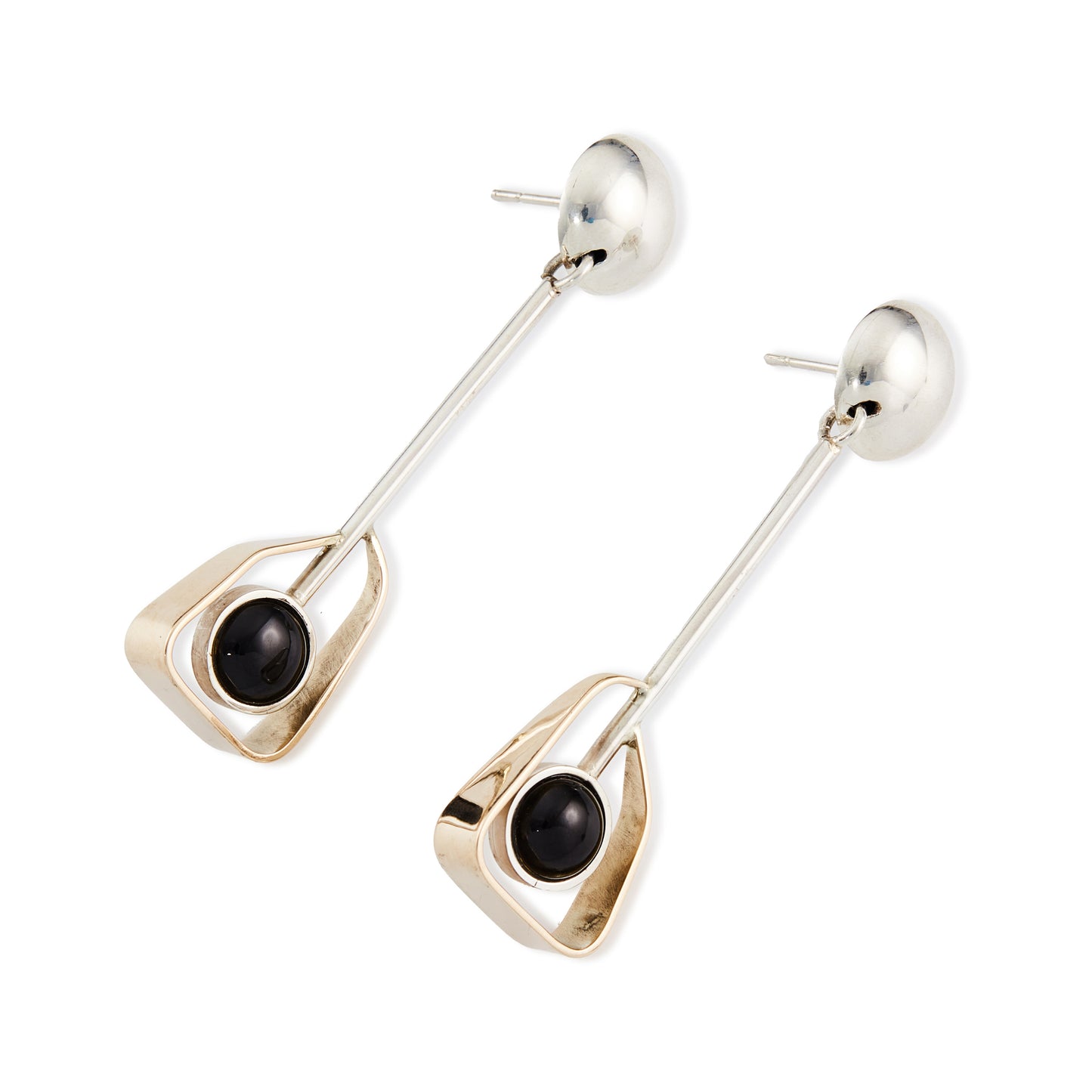 Stylish handmade mid-century modernist designer rose gold and sterling silver earrings, each set with an onyx cabochon stone.