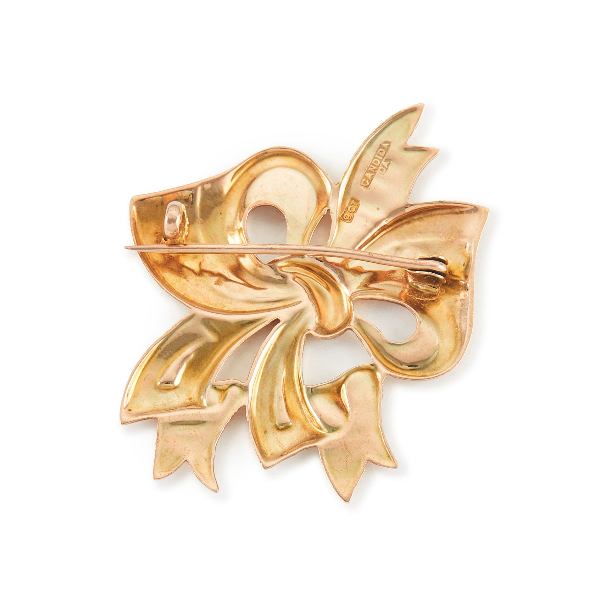 Sought after 9ct gold Candida mid-century bow brooch with maker’s mark.