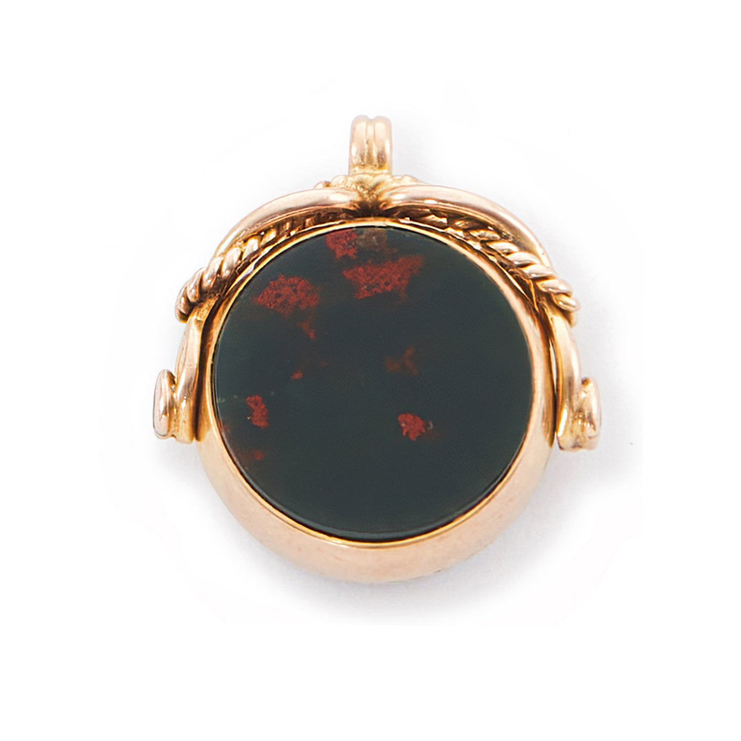 Miniature Victorian 9ct rose gold swivel fob set with a carnelian disc on one side and a bloodstone disc on the other side.