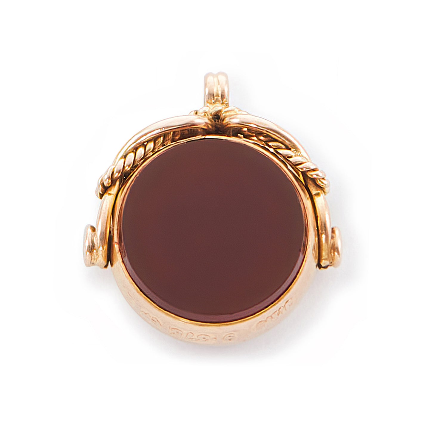 Miniature Victorian 9ct rose gold swivel fob set with a carnelian disc on one side and a bloodstone disc on the other side.