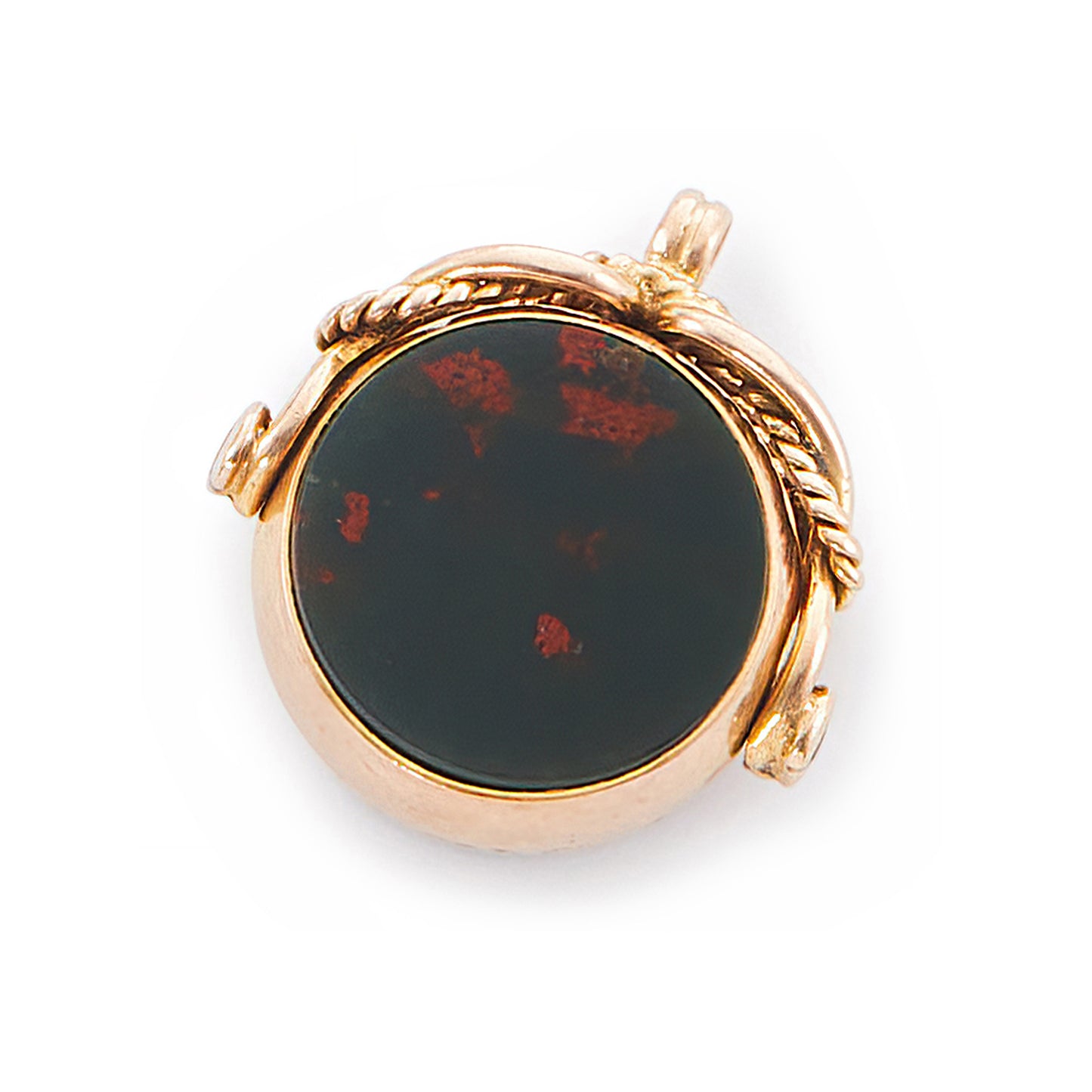Miniature Victorian 9ct rose gold swivel fob set with a carnelian disc on one side and a bloodstone disc on the other side.