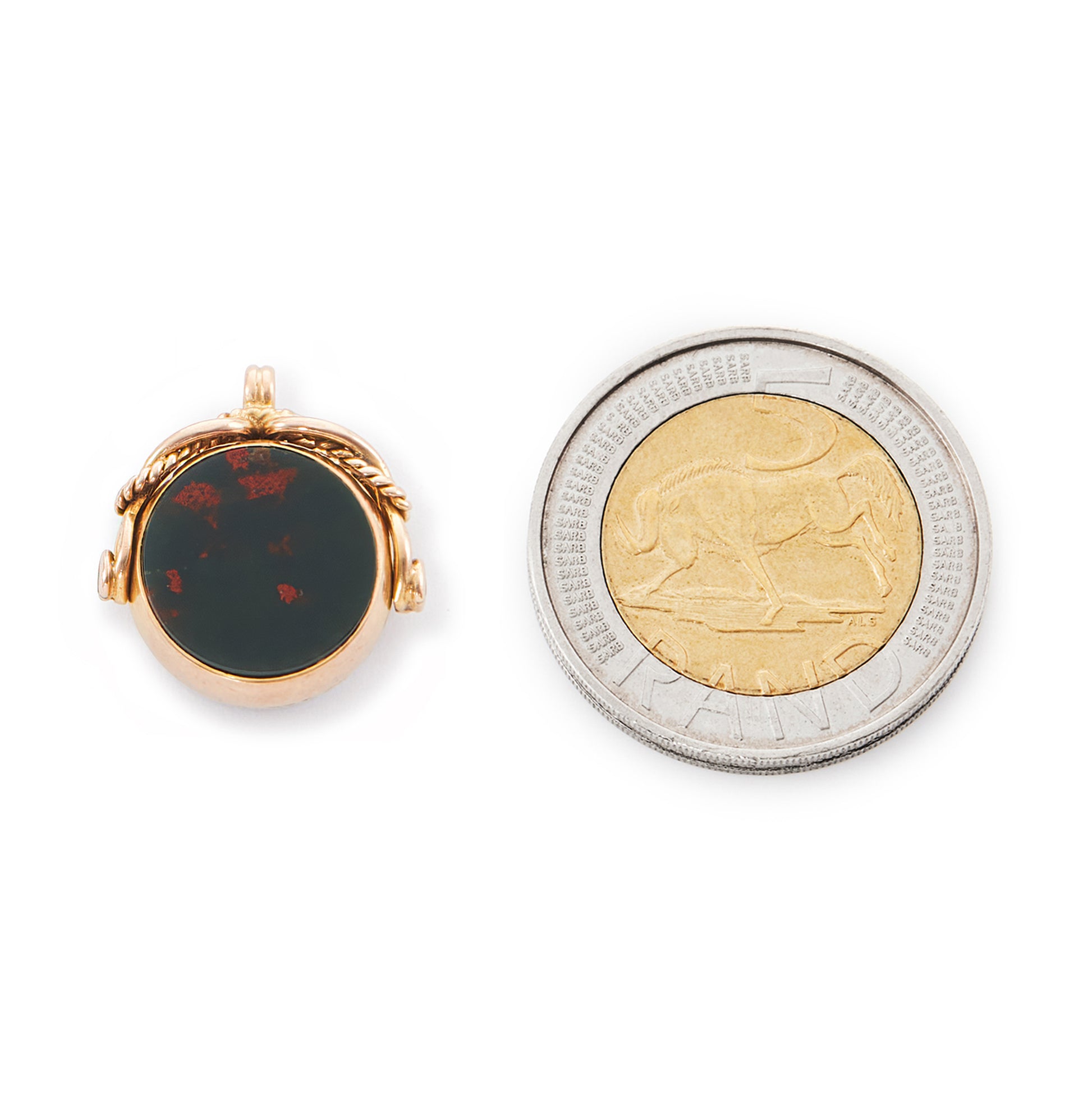 Miniature Victorian 9ct rose gold swivel fob set with a carnelian disc on one side and a bloodstone disc on the other side.