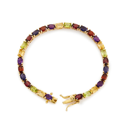 Colourful vintage gold plated tennis bracelet, set with twenty eight beautifully faceted natural garnets, peridots, citrines, amethysts and iolites. Comes with a GemLab ID.