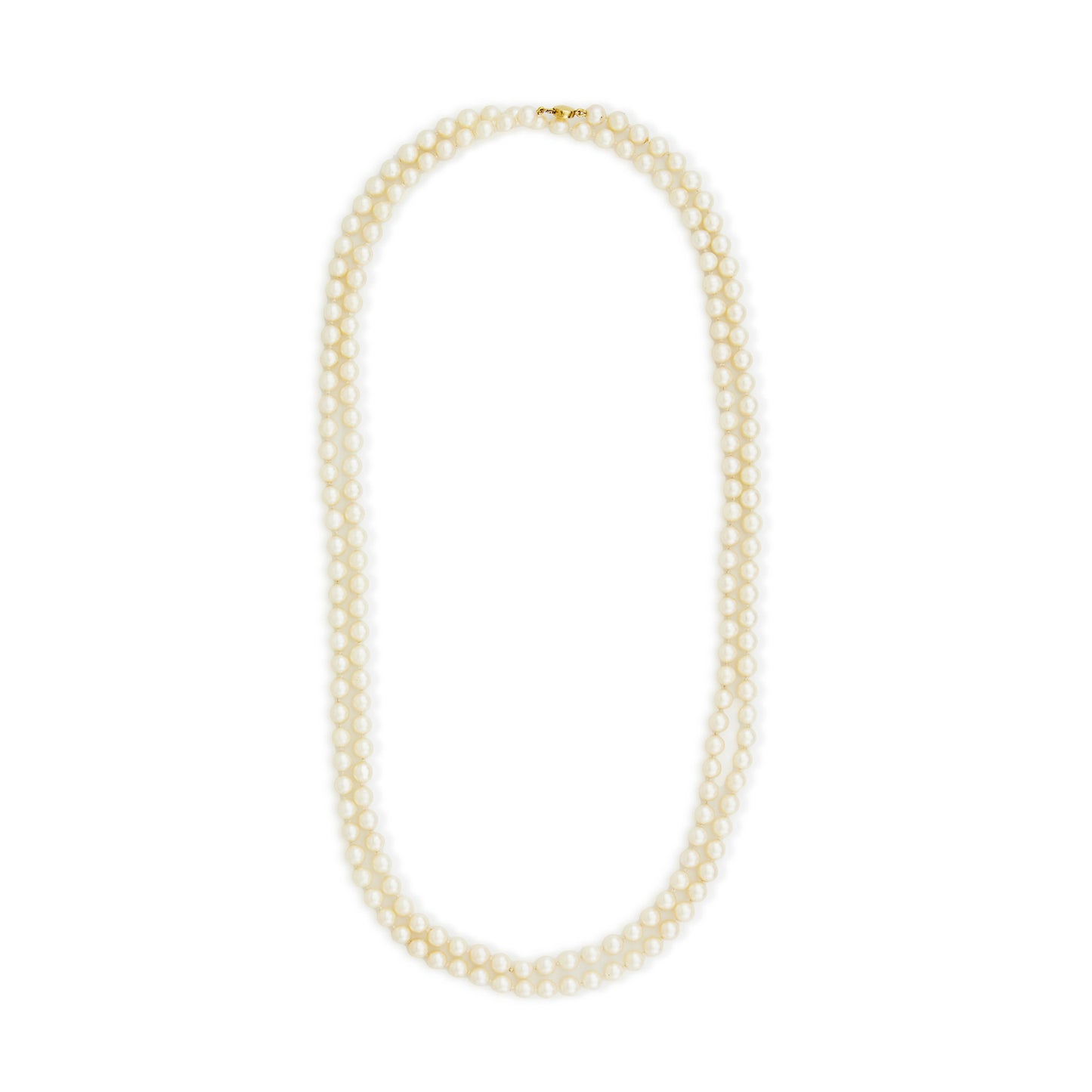 Opera length pearl strand with 6mm lustrous creamy pearls and a 9ct gold clasp. Can be draped around the neck three times.