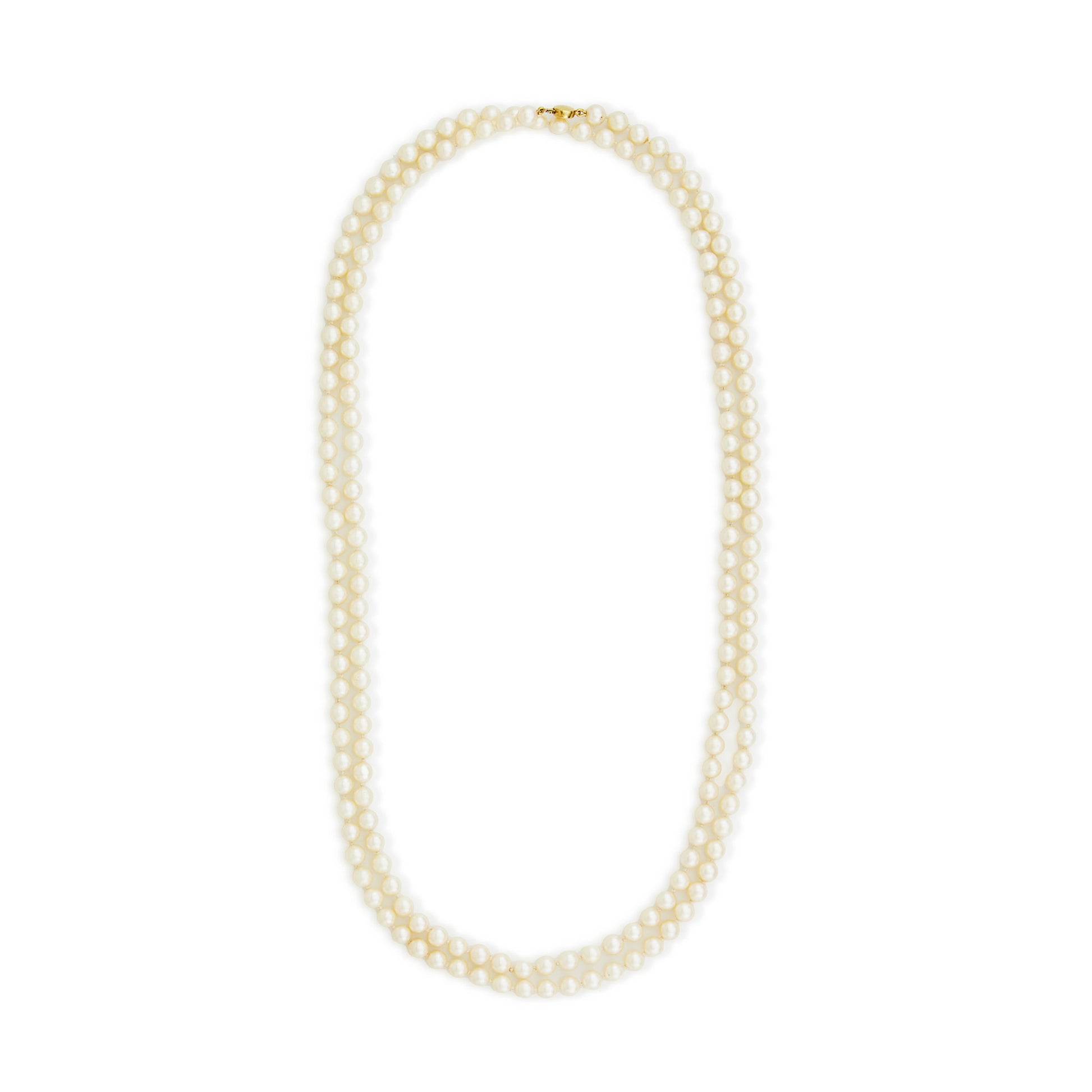 Opera length pearl strand with 6mm lustrous creamy pearls and a 9ct gold clasp. Can be draped around the neck three times.