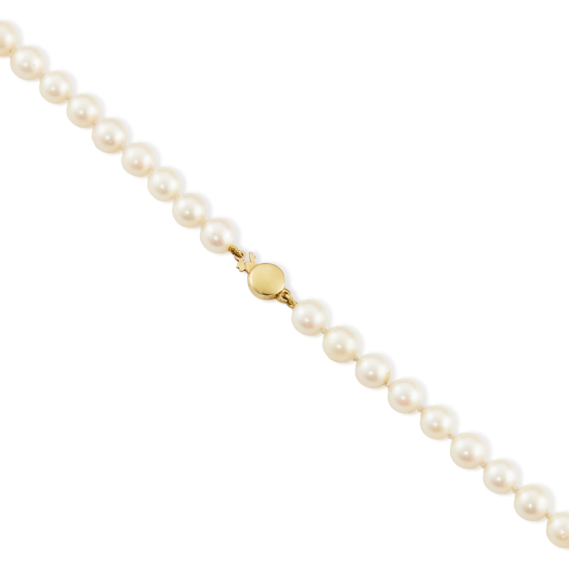 Opera length pearl strand with 6mm lustrous creamy pearls and a 9ct gold clasp. Can be draped around the neck three times.