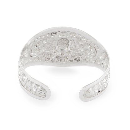 Gorgeous silver repoussé bangle with ornate detail. The bangle is open so the size is adjustable. Circa 1930s