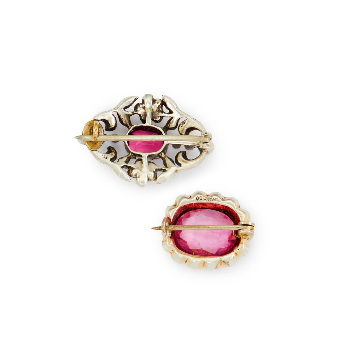 Pair of quaint Victorian silver miniature brooches set with pink and white paste stones. Lovely to be worn together or individually.
