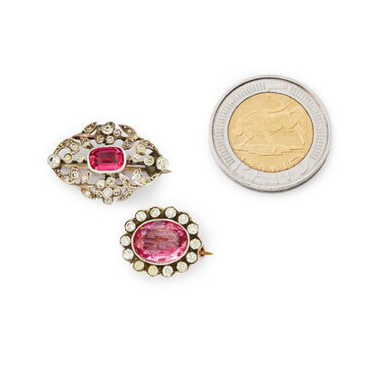 Pair of quaint Victorian silver miniature brooches set with pink and white paste stones. Lovely to be worn together or individually.