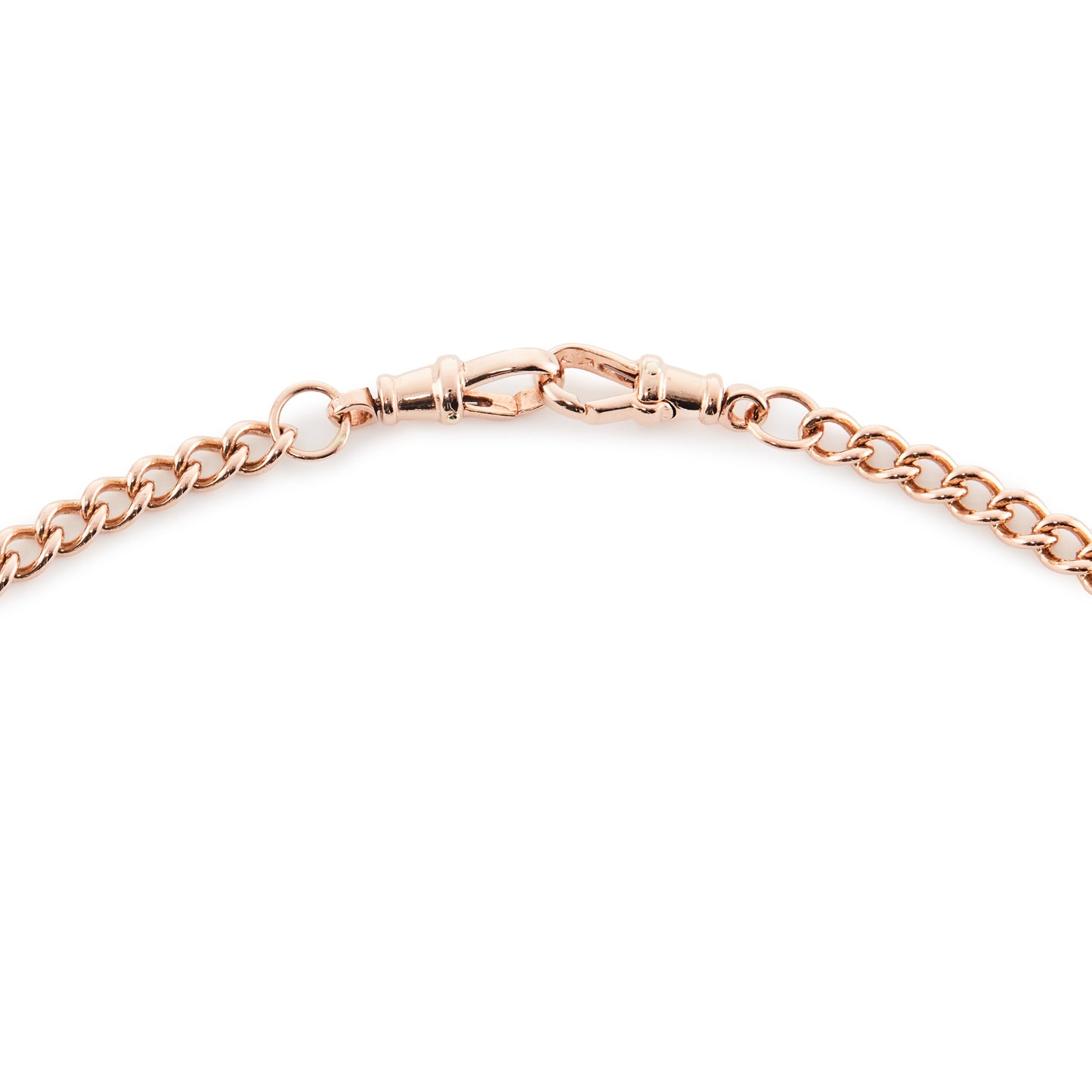 Classic Edwardian 9ct rose gold curb link fob chain with two dog clips and a t-bar.