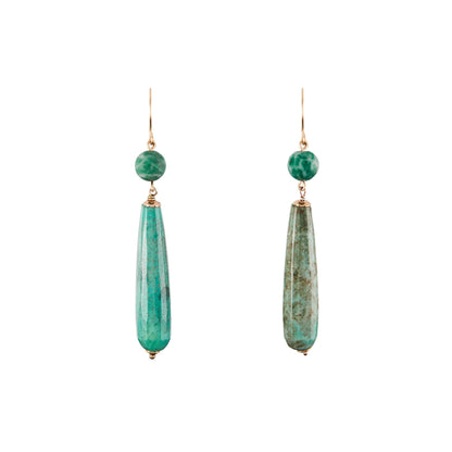 Stunning gold filled vintage pendant earrings each set with a turquoise bead and a faceted elongated teardrop turquoise stone.