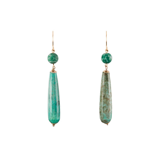 Stunning gold filled vintage pendant earrings each set with a turquoise bead and a faceted elongated teardrop turquoise stone.