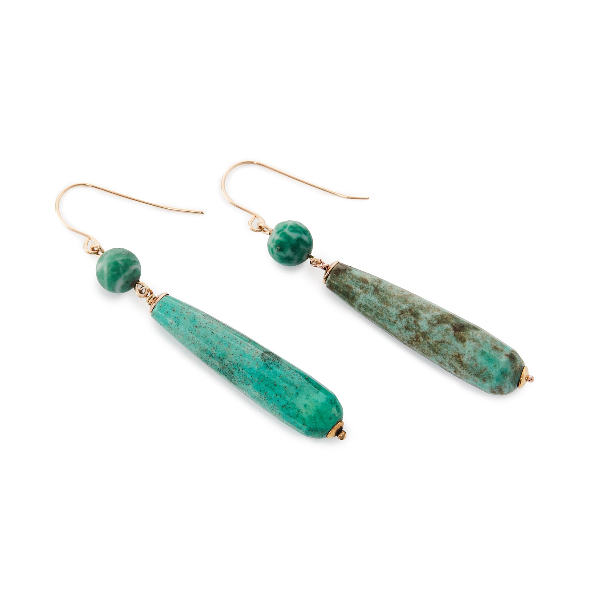 Stunning gold filled vintage pendant earrings each set with a turquoise bead and a faceted elongated teardrop turquoise stone.