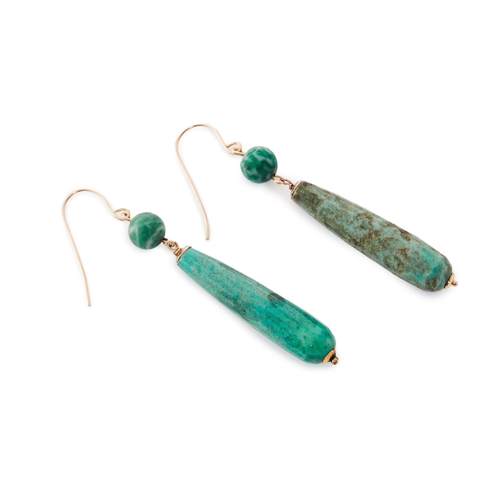 Stunning gold filled vintage pendant earrings each set with a turquoise bead and a faceted elongated teardrop turquoise stone.