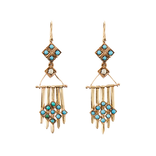 Exquisite 15ct rose gold Victorian chandelier earrings, each set with thirteen turquoise stones and one seed pearl.