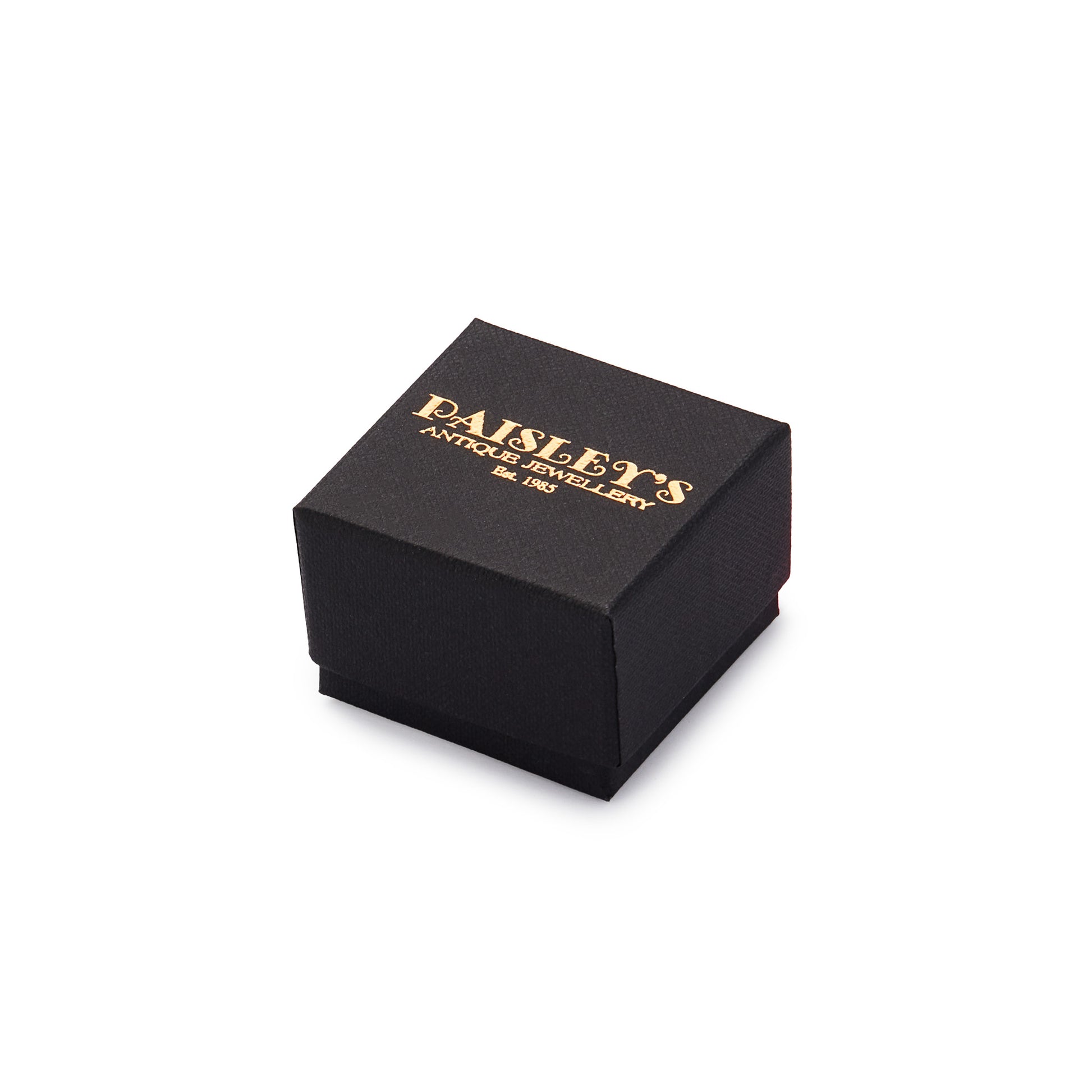 Black luxury jewellery box with a gold foil Paisley's Antique Jewellery logo.