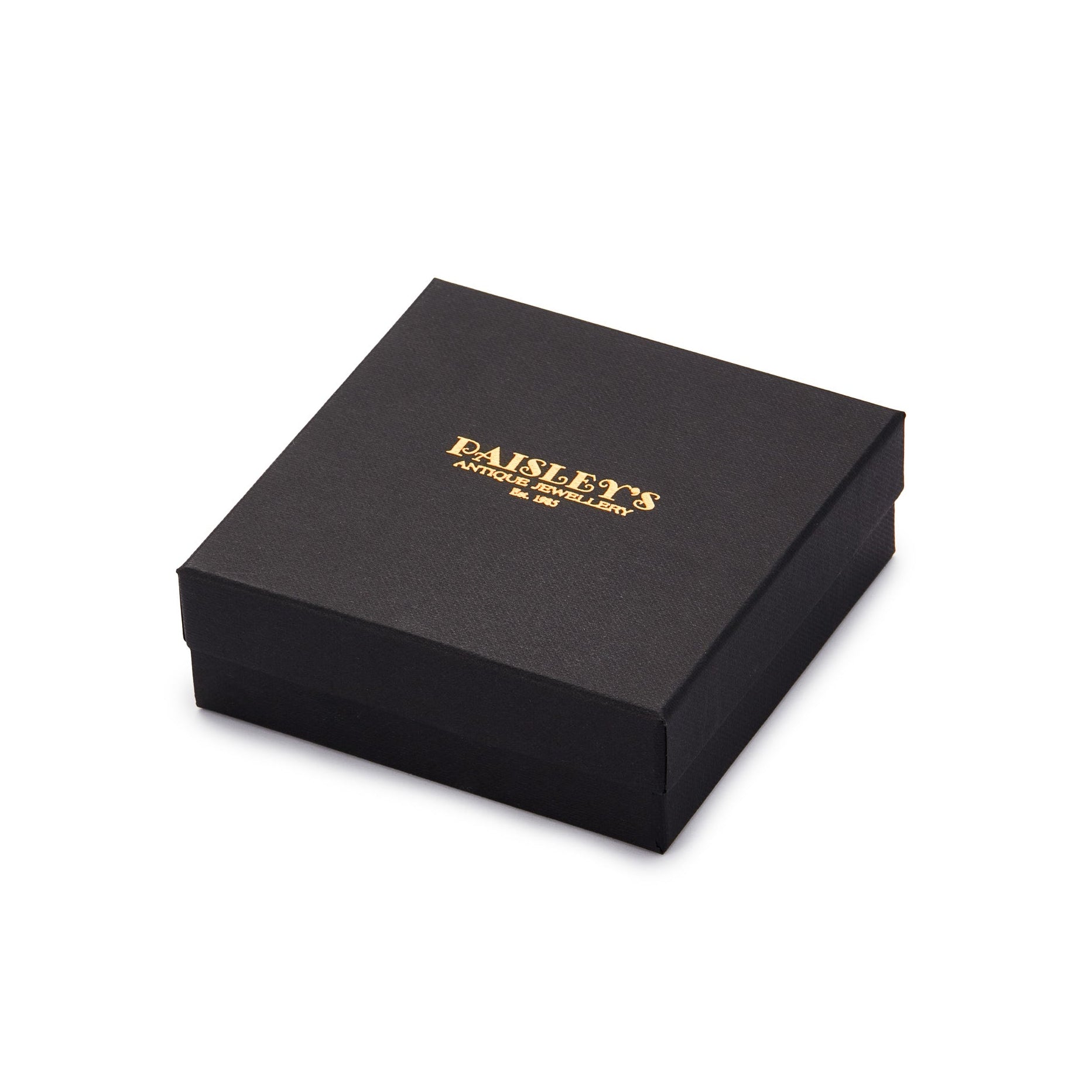 black jewellery box with gold foil logo