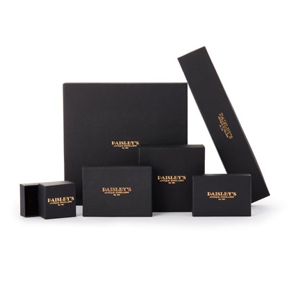 Set of black jewellery boxes with gold logo on a white background