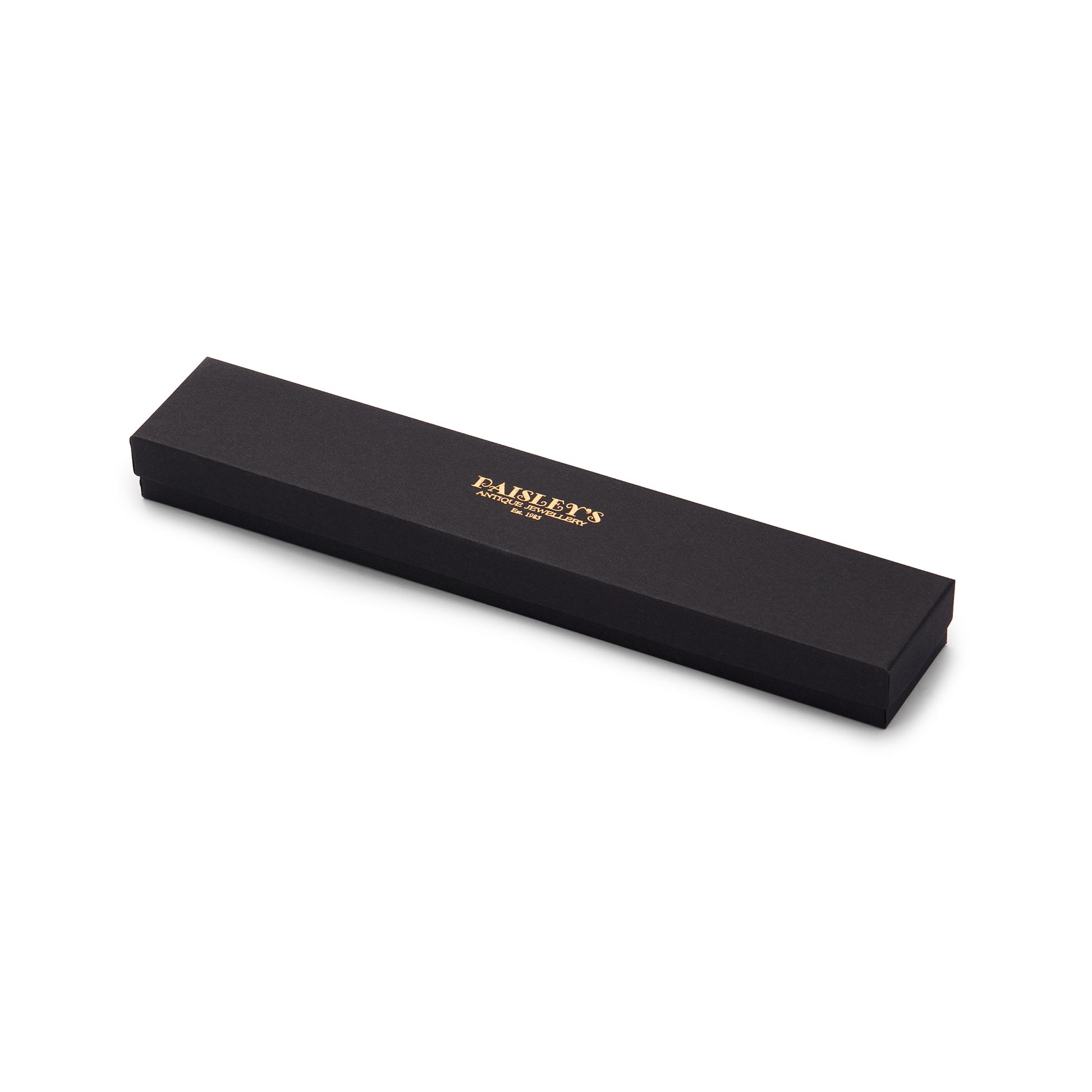 Black luxury jewellery box with a gold foil Paisley's Antique Jewellery logo.