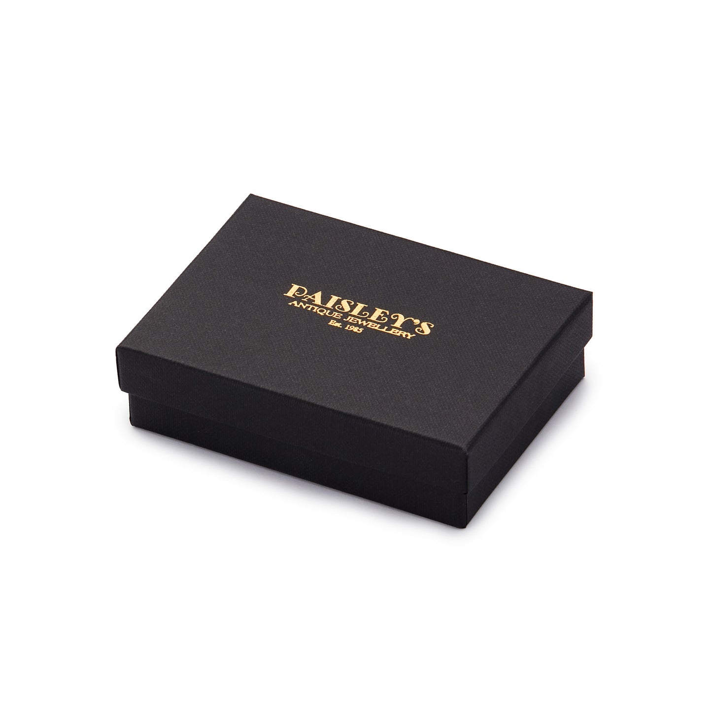 Black luxury antique jewellery box with a gold foil Paisley's Antique Jewellery logo.