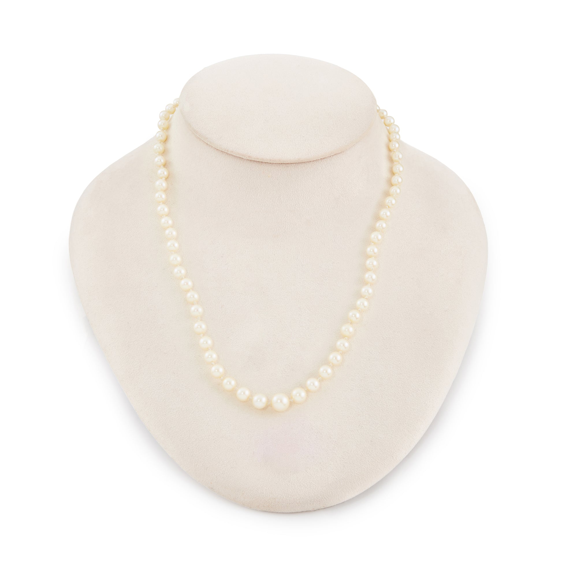 Lustrous string of graduated cultured saltwater pearls with an 18ct white gold Art Deco clasp set with old and mine cut diamonds.